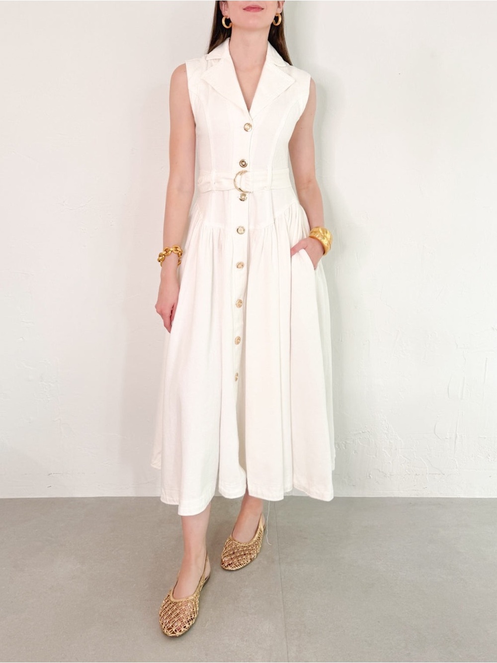 Sky to Moon Bex White Denim Belted Midi Dress – Size Small